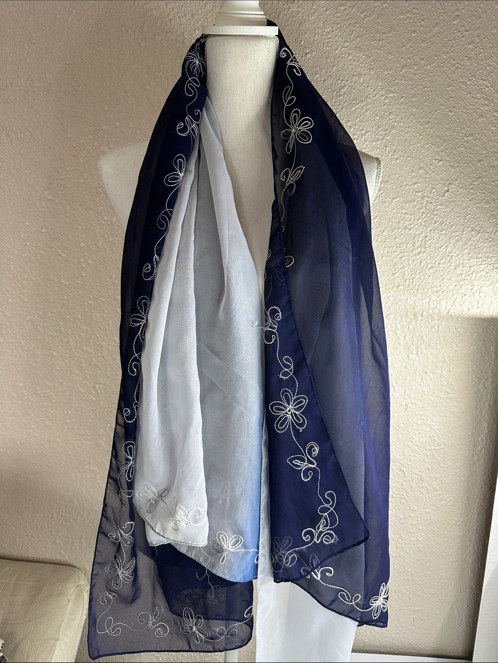 Worldwide Dreams Navy Blue Chiffon Shawl Scarf with White Floral Embroidery